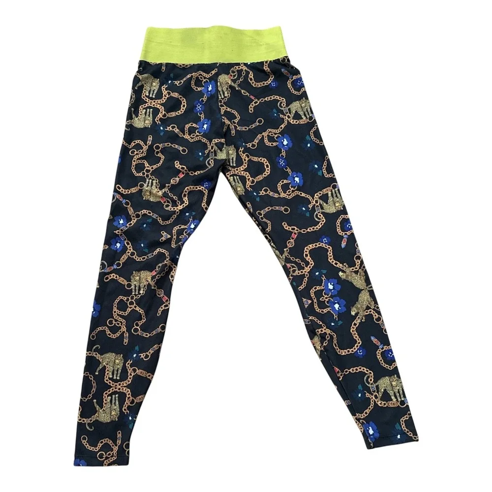 Adidas HER Studio London Leopard Chain Print Leggings Black Gold Lime Green M - Picture 3 of 5